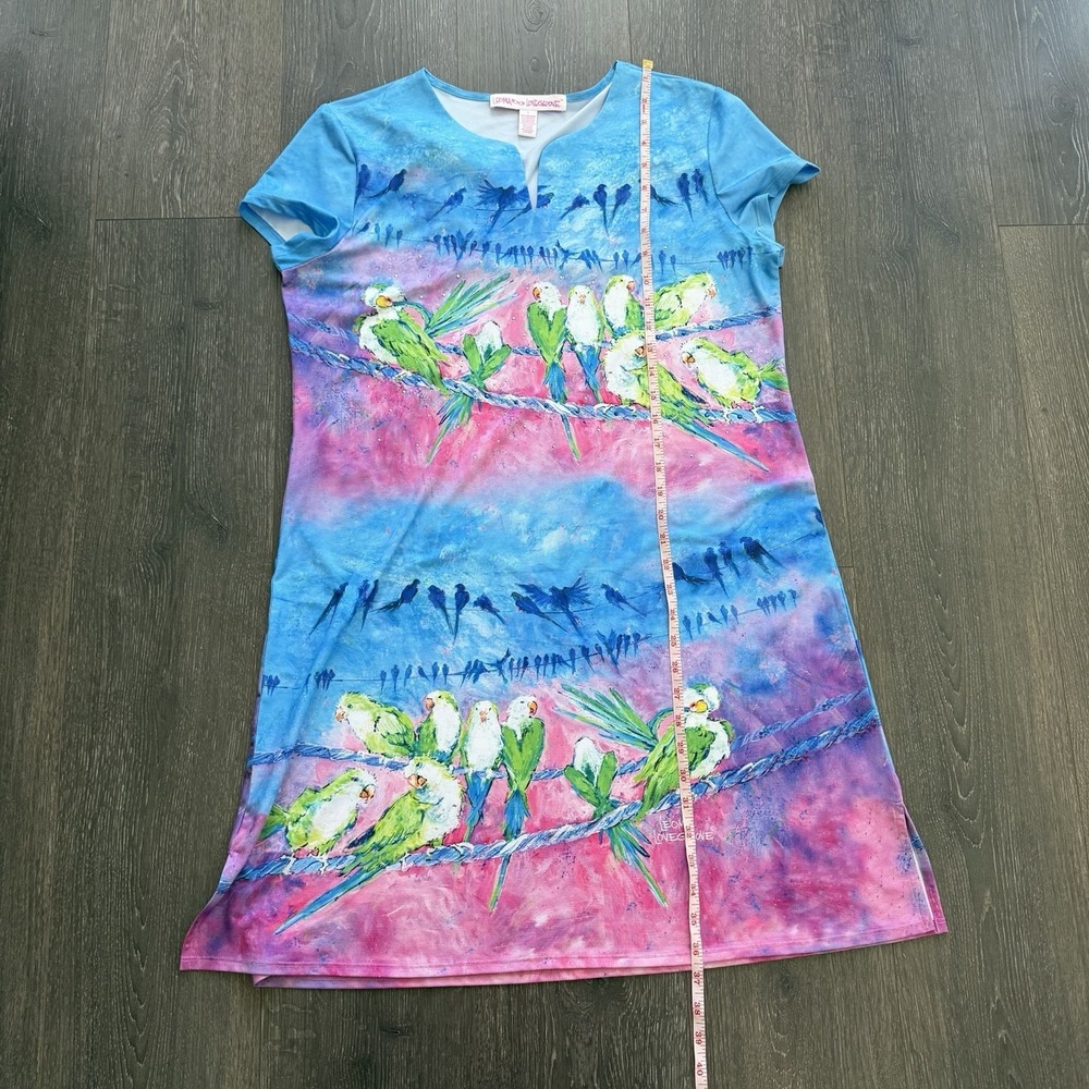 Leoma Lovegrove Dress Large Pullover Tropical Birds Parakeet Resort Artsy Travel - Picture 10 of 11
